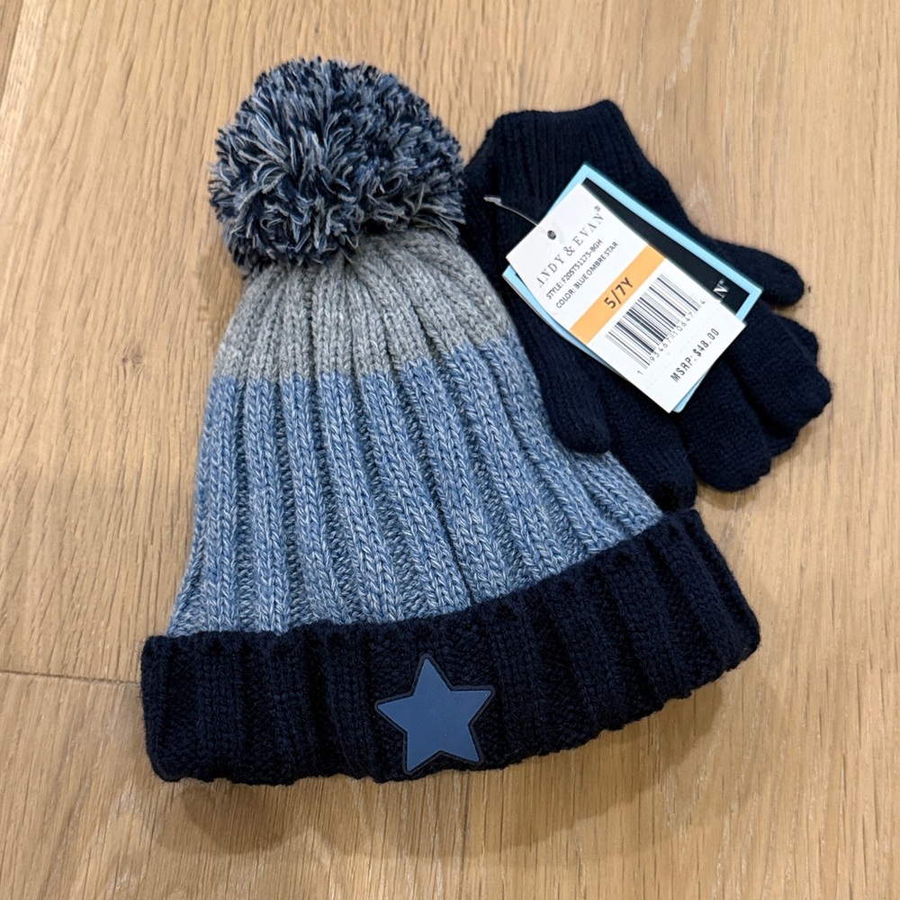 Andy and Evan Kids' Blue and Gray Knit Hat and Gloves Set